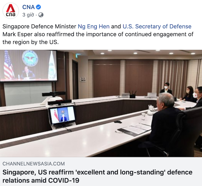 Bộ trưởng Quốc phòng Singapore Ng Eng Hen thảo luận với Bộ trưởng Quốc phòng Hoa Kỳ Mark T. Esper ngày 31/8/2020 theo giờ Singapore (ảnh chụp màn hình CNA/Facebook). 0138-screen-shot-2020-08-31-at-150025