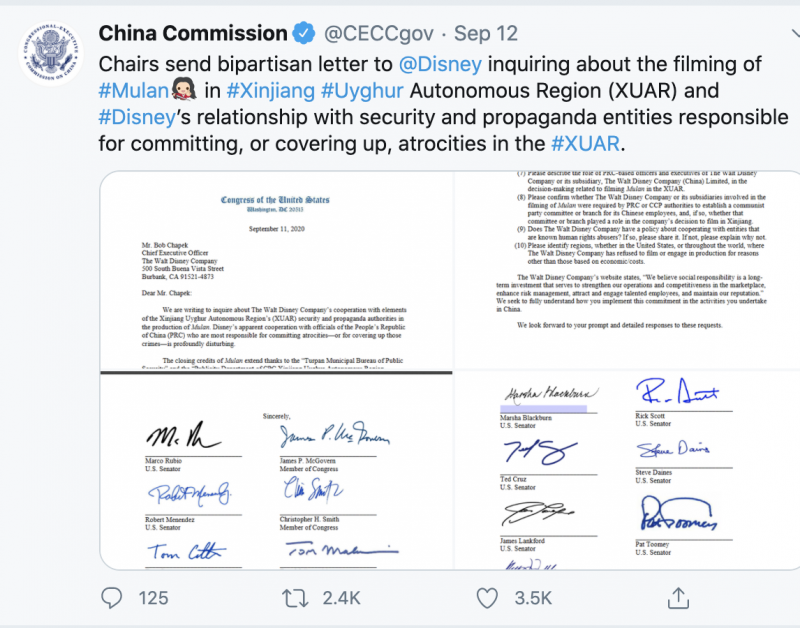 Lawmakers call into question Chinese Government’s involvement in ‘Mulan’ Lawmakers call into question Chinese Government’s involvement in ‘Mulan’