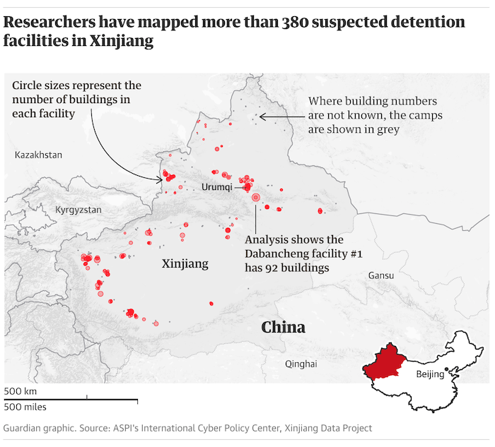 Bản đồ cho thấy vị trí của hàng trăm trại giam ở Tân Cương, Trung Quốc (ảnh chụp màn hình bản đồ của ASPI đăng trên The Guardian). 2805-screen-shot-2020-09-24-at-125951